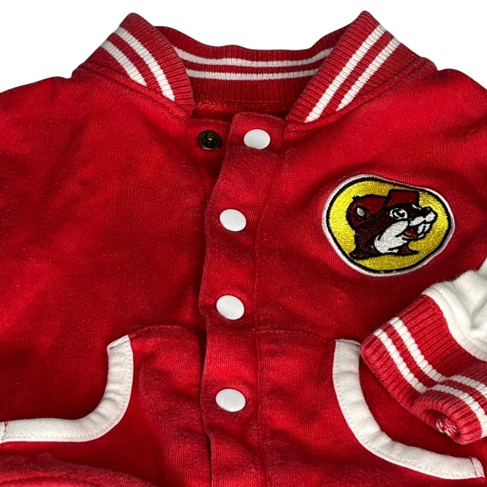Buc-ees Varsity Jacket red body white sleeves Beaver logo sz 6-9 mths